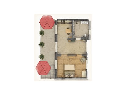 Naturhotel - Bio-Hotel Merkmale: Digitale Gästemappe - Appartement "Löwenzahn" Grundriss für 2 Personen, mit großzügiger Terrasse ins Grüne - BIO-NATURIDYLL WIESENGRUND