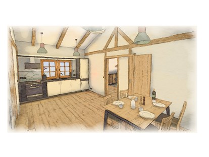 Naturhotel - Sauna - Appartement "Wildrose" Küche und Essbereich, Da unser WIESENGRUND aktuell noch im Bau ist, hier aus der Planung ein paar Eindrücke
 - BIO-NATURIDYLL WIESENGRUND