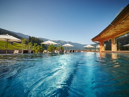Naturhotel - Hunde erlaubt - Österreich - Pool mit Blick in die Berge - Holzhotel Forsthofalm