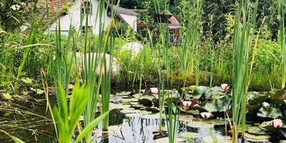 Naturhotel - Ökoheizung: Holzheizung: ja, Holzhackschnitzel - Gamlitz - Blick über den runden Teich zum Gebäude mit der Rezeption. - TamanGa Lebensgarten