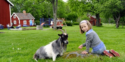 Nature hotel - Müllmanagement: Mülltrennung - Southern Sweden - Kind füttert eine Ziege. - Lilla Sverigebyn
