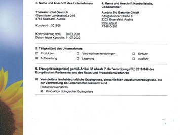 Gartenhotel Theresia****S Nachweise Zertifikate Austria Bio Garantie Zertzifikat 2023