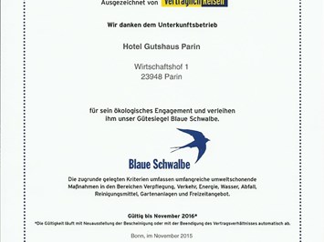 Biohotel Gutshaus Parin Nachweise Zertifikate Gütesiegel Blaue Schwalbe 2015/2016