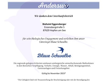 Biohotel Eggensberger Nachweise Zertifikate Anderswo: Nachhaltig Reisen