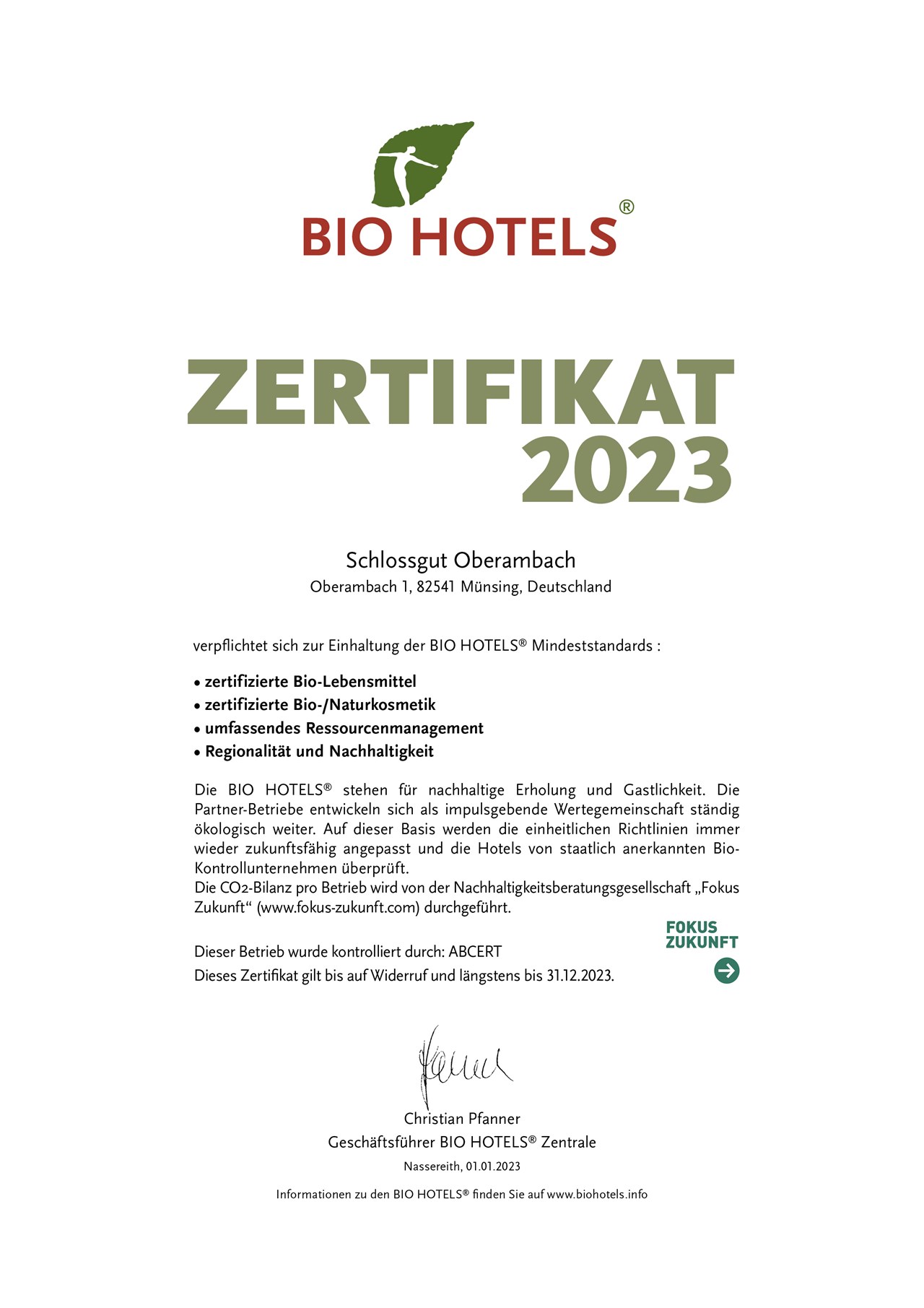 Schlossgut Oberambach Nachweise Zertifikate BIO HOTELS® Zertifikat
