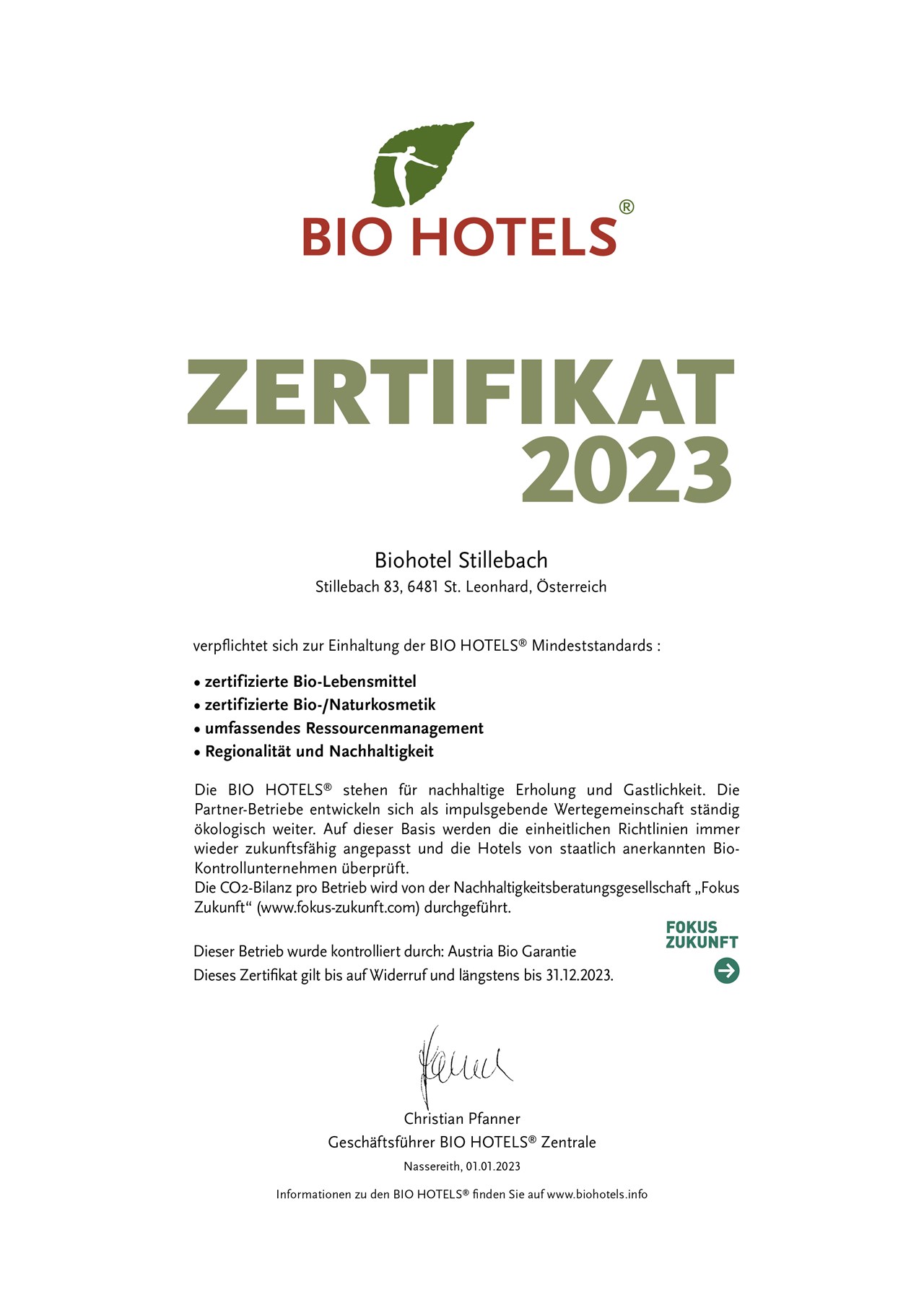Biohotel Stillebach Nachweise Zertifikate BIO HOTELS® Zertifikat