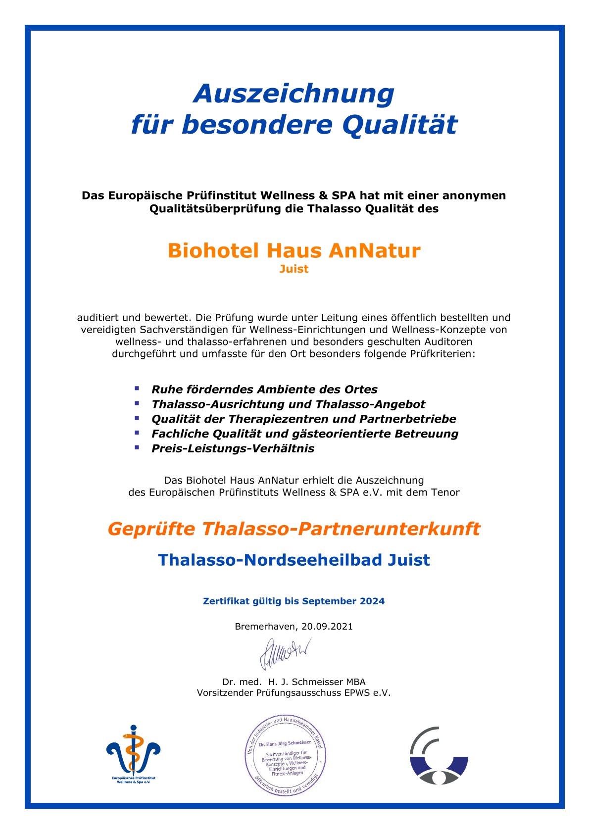 Haus AnNatur Bio Pension und Appartements Nachweise Zertifikate Thalasso-Zertifizierung